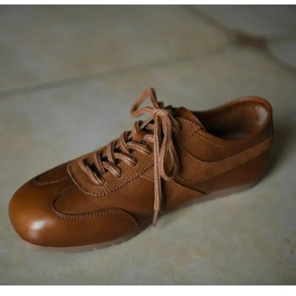 Leather Retro Women's Deqin Shoes Spring Autumn New Style Versatile Square Head Flat Bottom Genuine Leather Sports Shoes