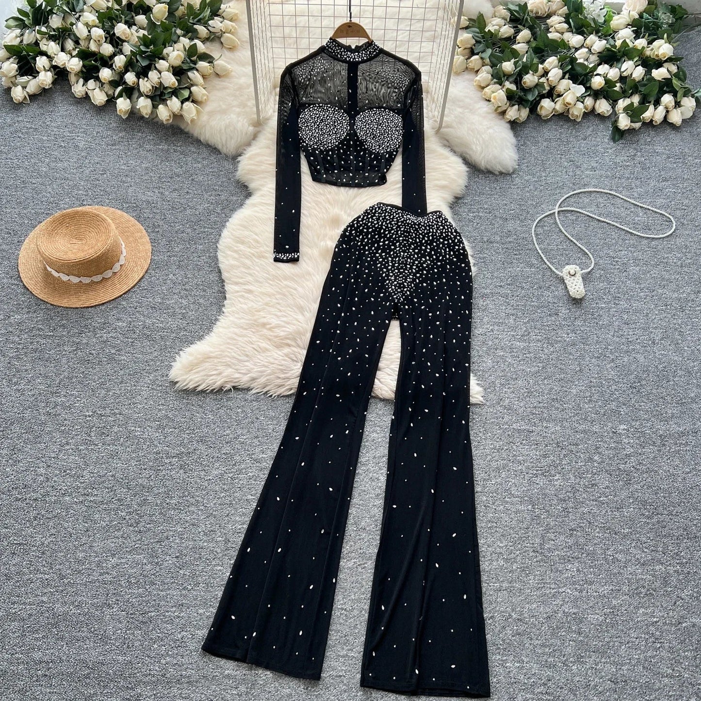 Fashion See Through Mesh Rhinestone Chic Long Sleeve Slim Short Top High Waist Wide Leg Pants Evening High Street Two-piece Sets