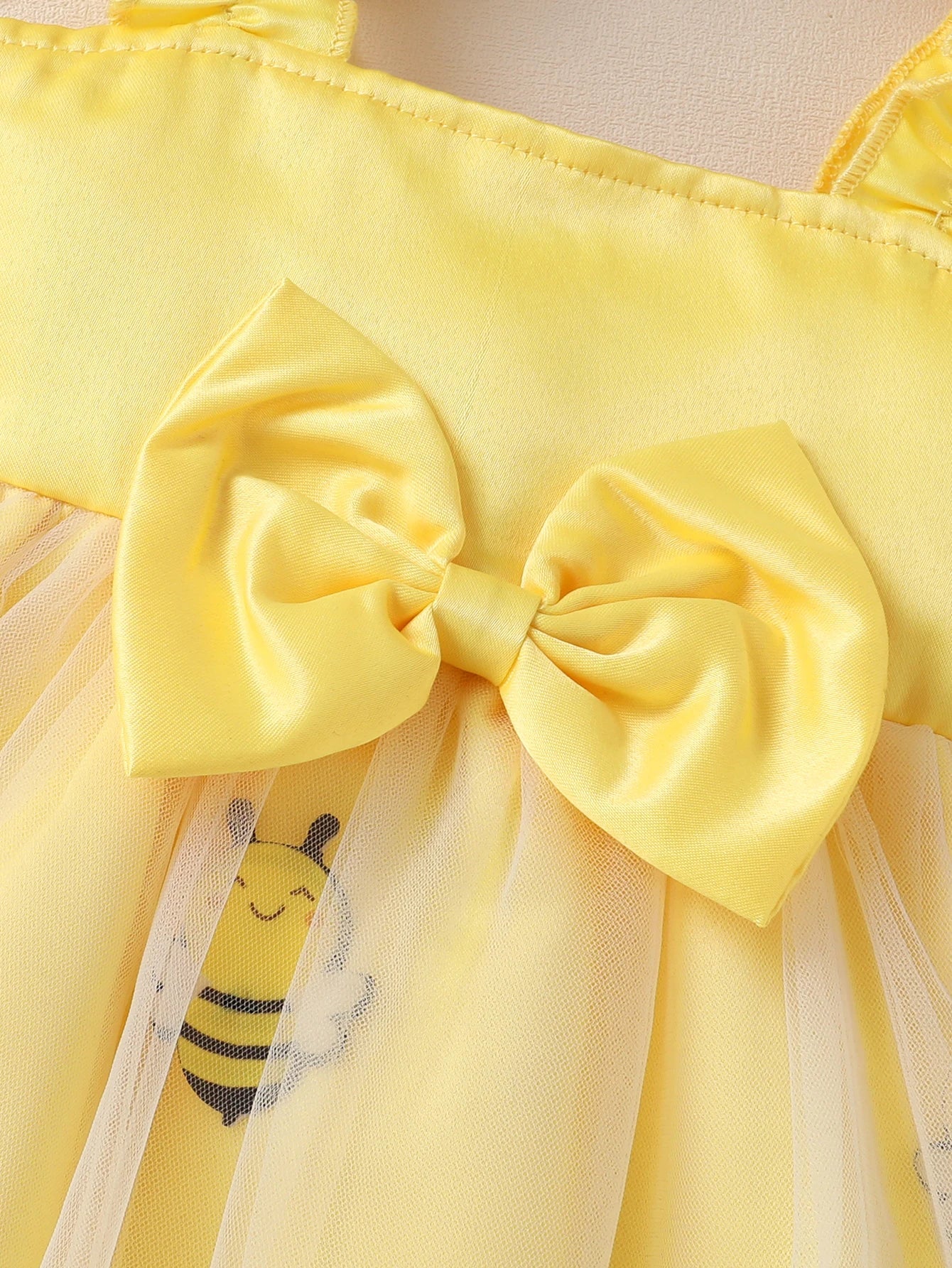 Sweet Baby Girls Summer Yellow Bee Print Mesh Tutu Dress with Bow Accents