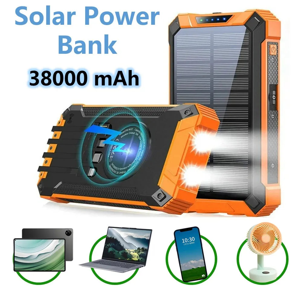 Solar Power Bank 38000mAh, Portable Solar External Battery Pack Built-in 4 Cable, 22.5W Portable Charger for Camping and Outdoor