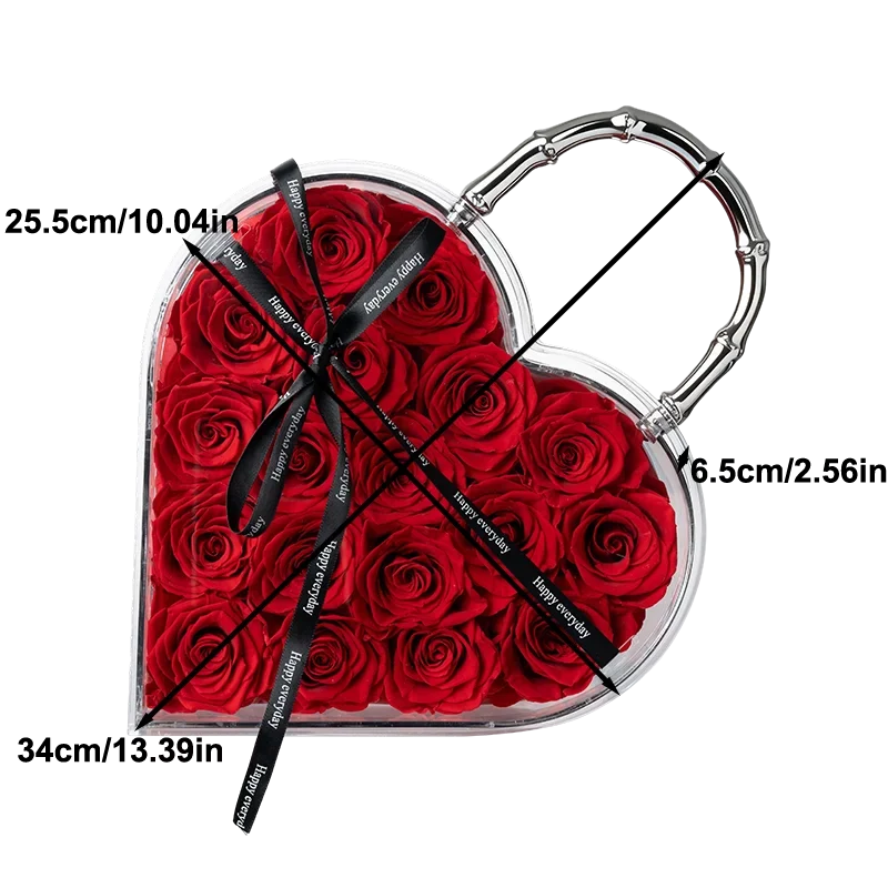 18 Preserved Roses in Heart Acrylic Display Case with Handle, Home