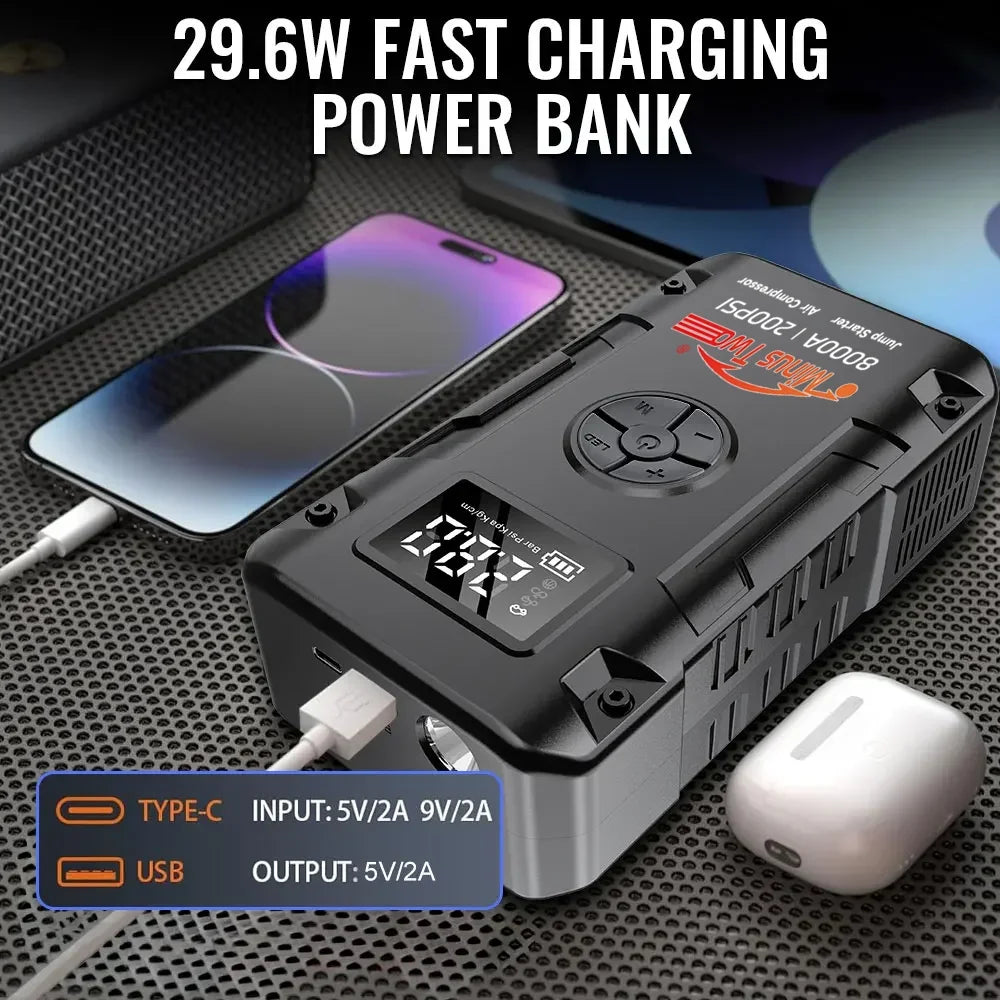 4-IN-1 Car Jump Starter with Air Compressor Peak 4000A Auto Battery Booster 200PSI Air Pump Portable Power Bank Tire Inflator