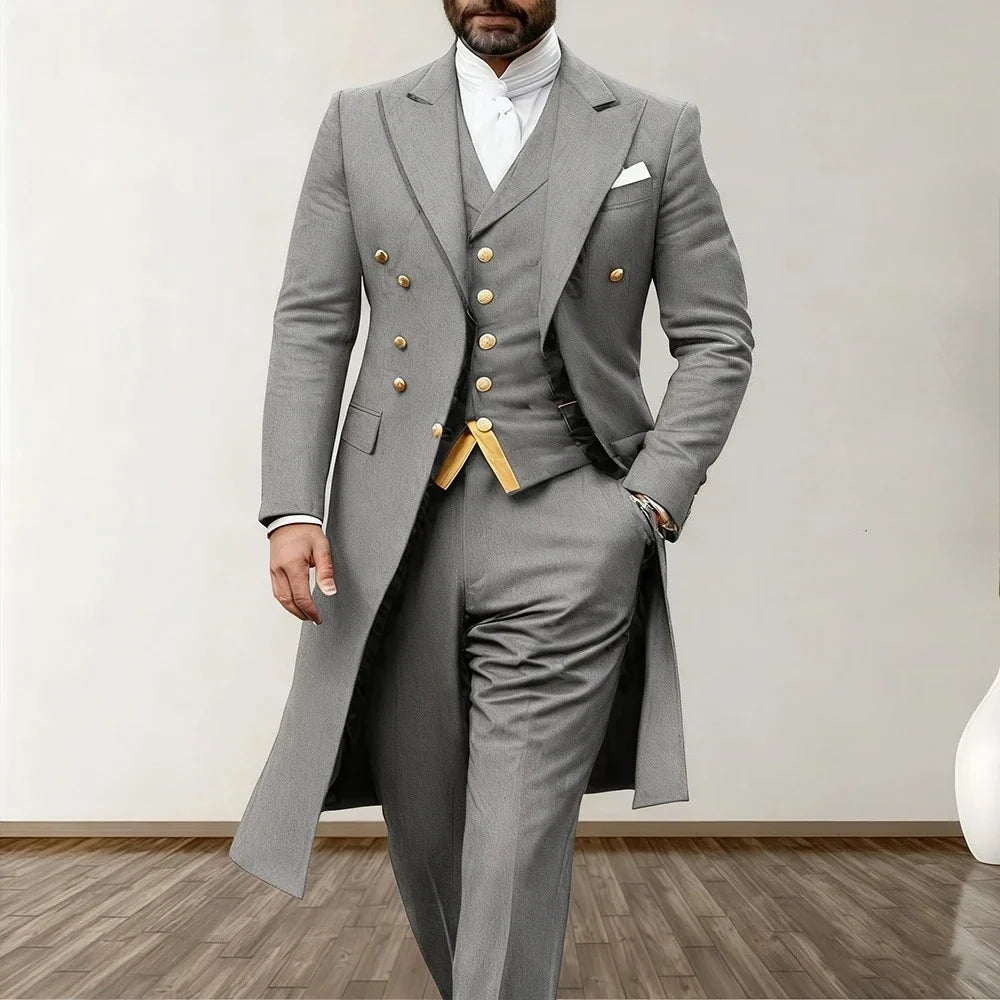 Blue Men Wedding Suits 3 Piece Long Blazer Vest Pants Satin One Button
