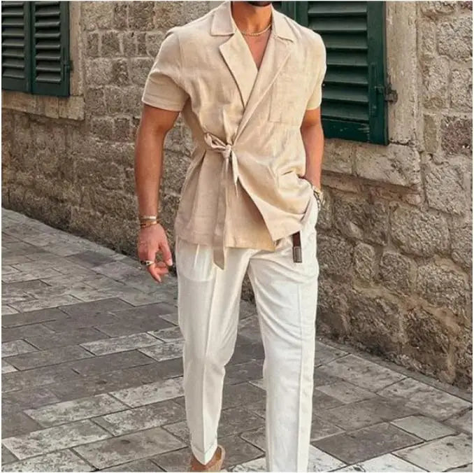 2025 Summer New Casual Fashion Commuting Comfortable Men's Solid Color Cotton and Hemp Suit Collar Strap Short Sleeve Shirt