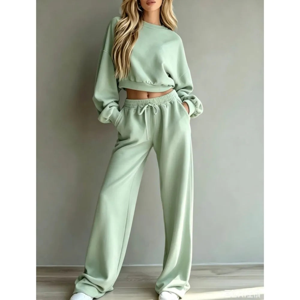 Autumn New Casual O Neck Long-sleeved Ultra-short Sweatshirt Trousers 2piece Set Women Fashion Casual Female Sports Trousers Set