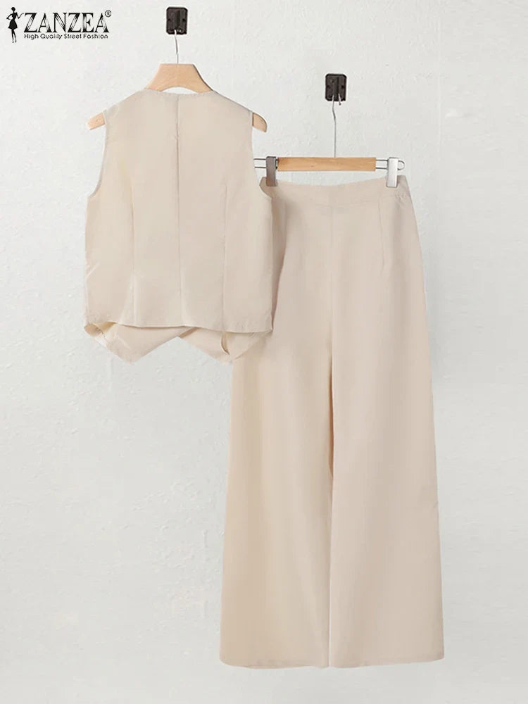 ZANZEA Women Trendy Pant Sets Irregular Buttons Vests and Wide Leg Pant 2-Pieces Suits 2025 Spring Summer Streetwear 2pcs Outfit