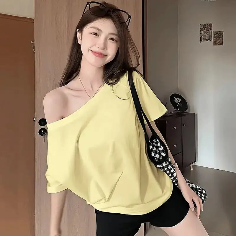 Fashion Loose Ladies Batwing Sleeve Trend Solid Color Off Shoulder Summer New Style Pullover Slash Neck Tshirt Tops Short Sleev