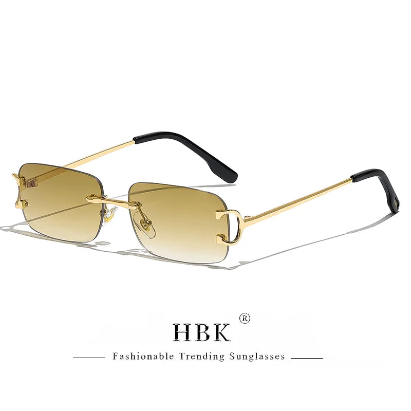 HBK Retro Rimless Small Sunglasses Women Metal Rectangle Gold Frame Brand Design Men Eyewear Driving Travel Beach Eyewear UV400