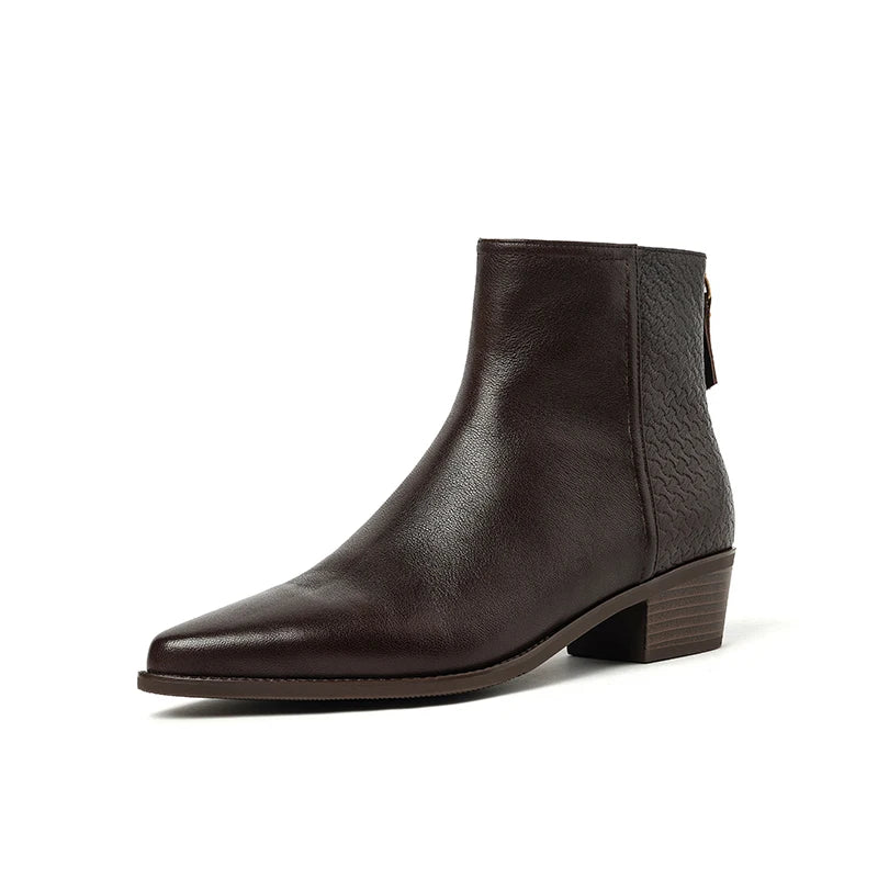 2025 New Autumn Women Boots Pointed Toe Chunky Heel Shoes Genuine Leather Women Shoes Concise Zipper Ankle Boots Western Boots