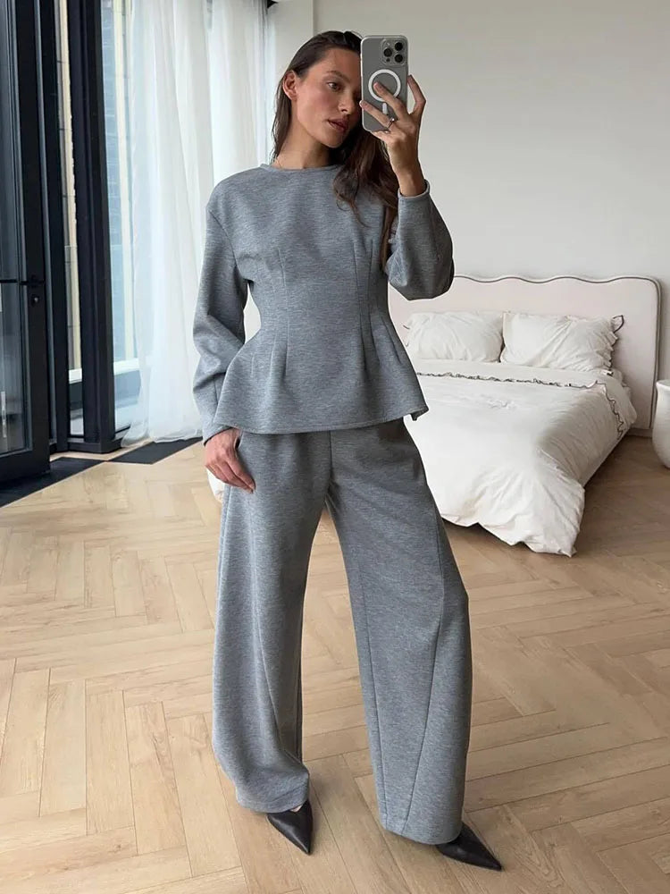 BJTZ 2026 Spring Autumn Women Solid Crew Neck Long Sleeve Top Wide Leg Pants 2 Piece Set Casual Tracksuit Outfits