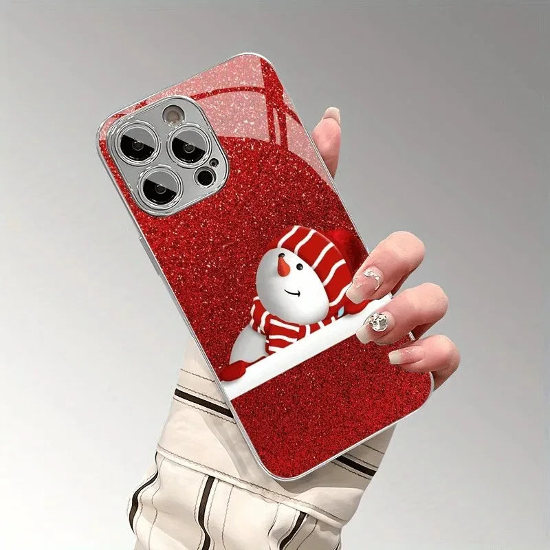 Funda de TELÉFONO con diseño de Papá Noel, muñeco de nieve, patrón navideño, de cristal galvanizado, para iPhone 11/12/13/14/15/16/17 Pro MAX