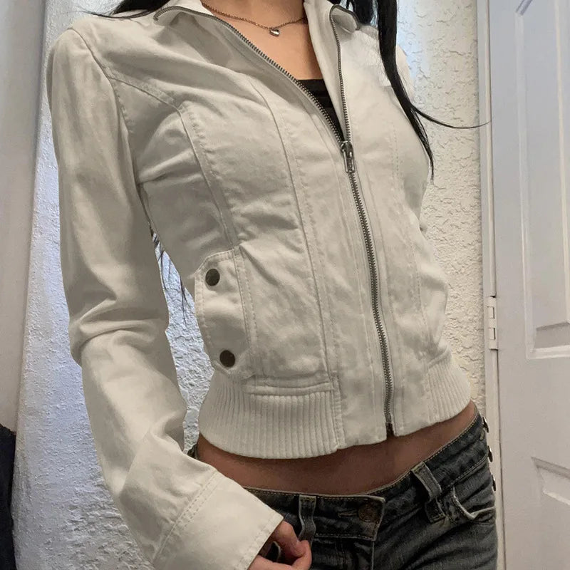 Vintage Cropped Jackets for Women Harajuku Casual Slim Fit Zipper Coat Y2K Streetwear Long Sleeve Outerwear Autumn