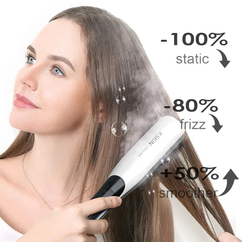 K·SKIN Negative Ion Steam Hair Straightener Brush 2 In 1 Straightening Curler Fast Heating Ceramic Anti‑Scald Hair Styling Comb