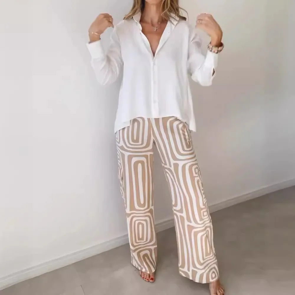Elegant Office Lady Casual Suit Fashion Solid Long Sleeve Lapel Shirt Elastic Waist Print Trousers Two Piece Set 2024 Autumn New