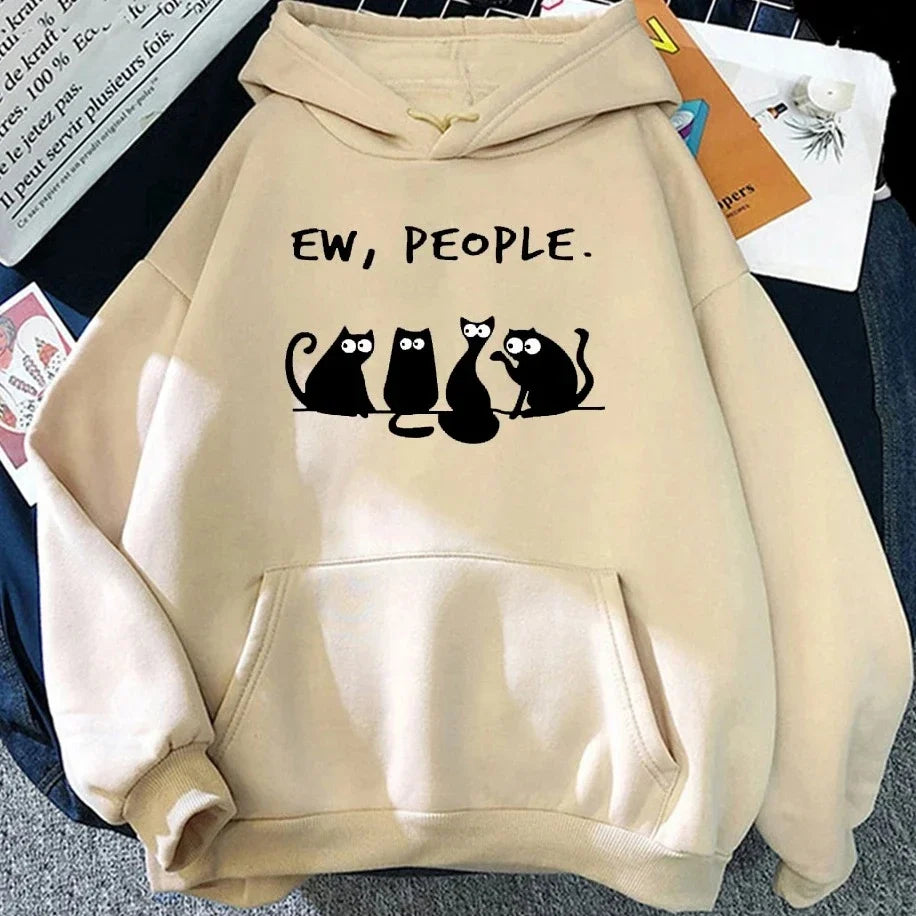 American Vintage 2025 Autumn Winter Woman Hoodies EW PEOPLE Letter Print Top Funny Harajuku Cartoon Black Cat Pattern Clothing