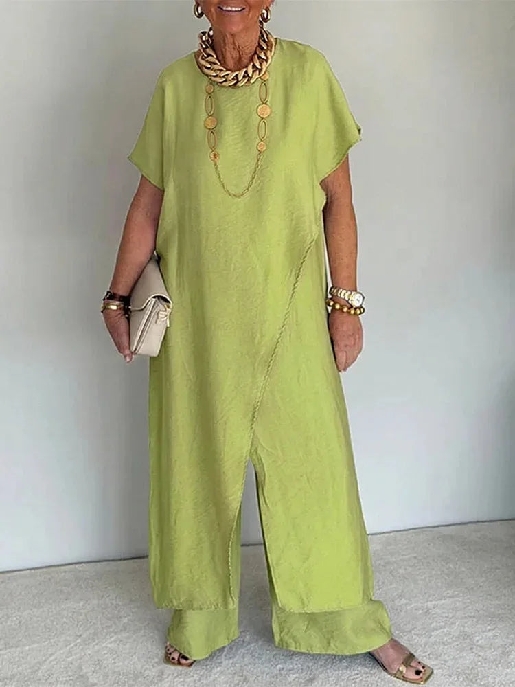 Loose Irregular 2 Piece Set for Women Short Sleeve Round Neck Long Top + Wide Leg Pants Casual Outdoor Commuting Versatile Suit