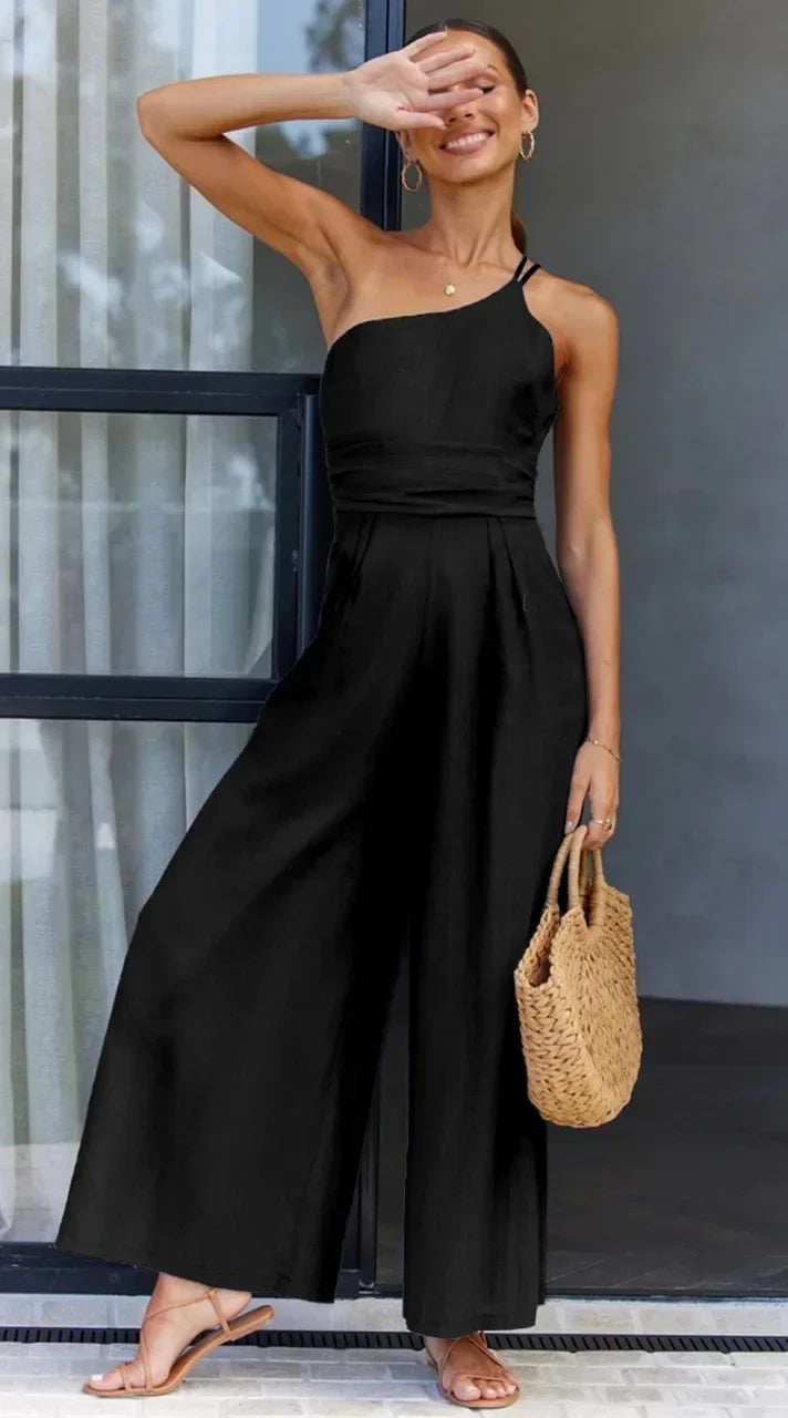 Foridol Waist Folds Backless Double Strap Casual Wide Leg Jumpsuit Long Pants Green 2025 New Female Loose  Jumpsuit