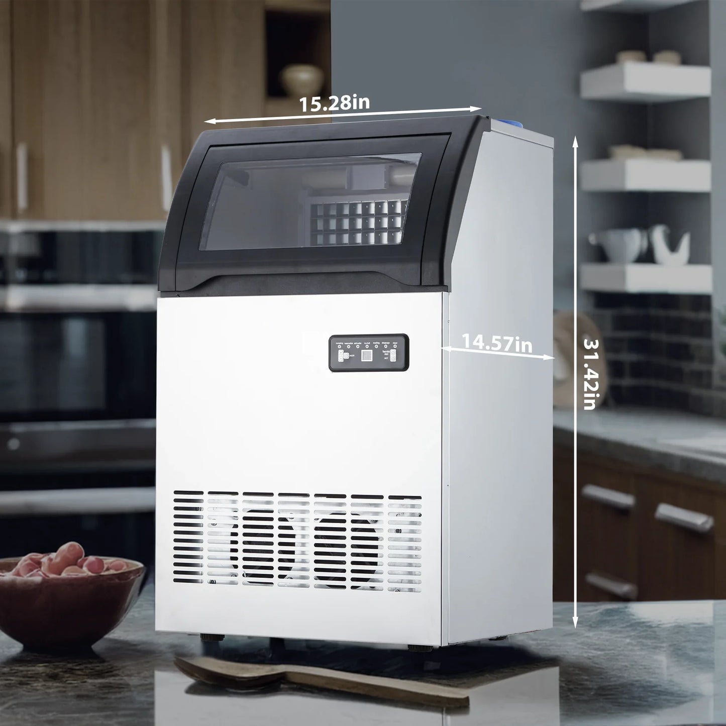 Commercial Ice Maker Machine 100LBS/24H, 50 Ice Cubes in 5-15 Min | 33 Lbs Storage Ice Bin, Freestand Stainless Steel Body, 2 Water Inlets, LED Display, for Home Bar Office Restaurant