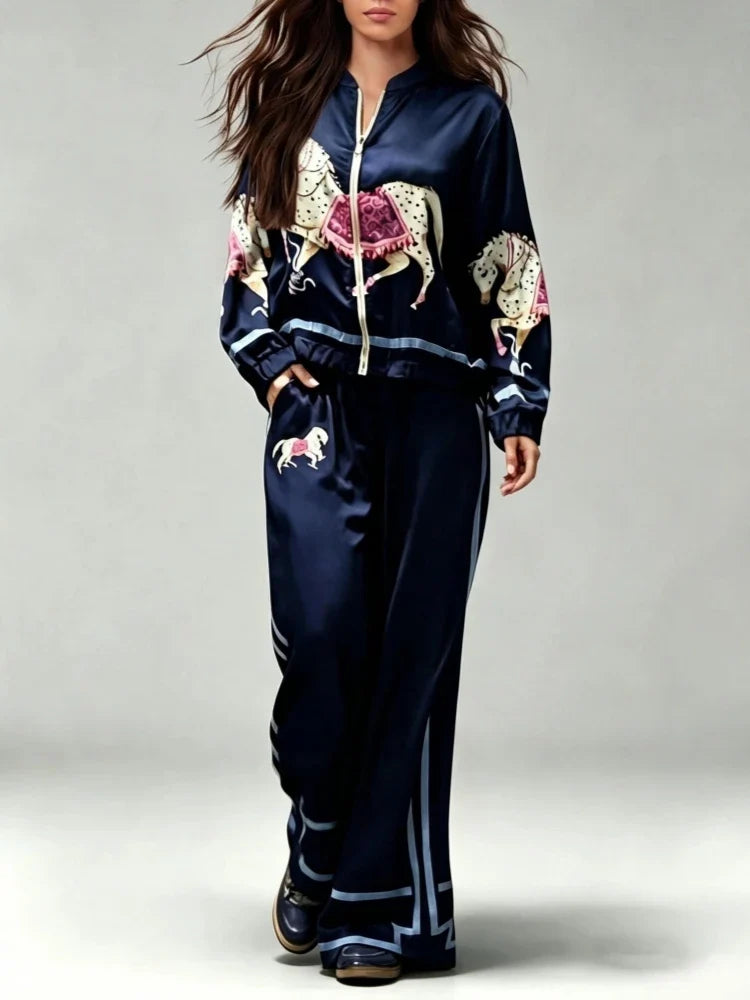 Autumn Animal Print Coat Trousers Suit Women Zipper Casual Long Sleeve Female Coats Satin 2 Pieces Set High Waist Pant Lady Sets