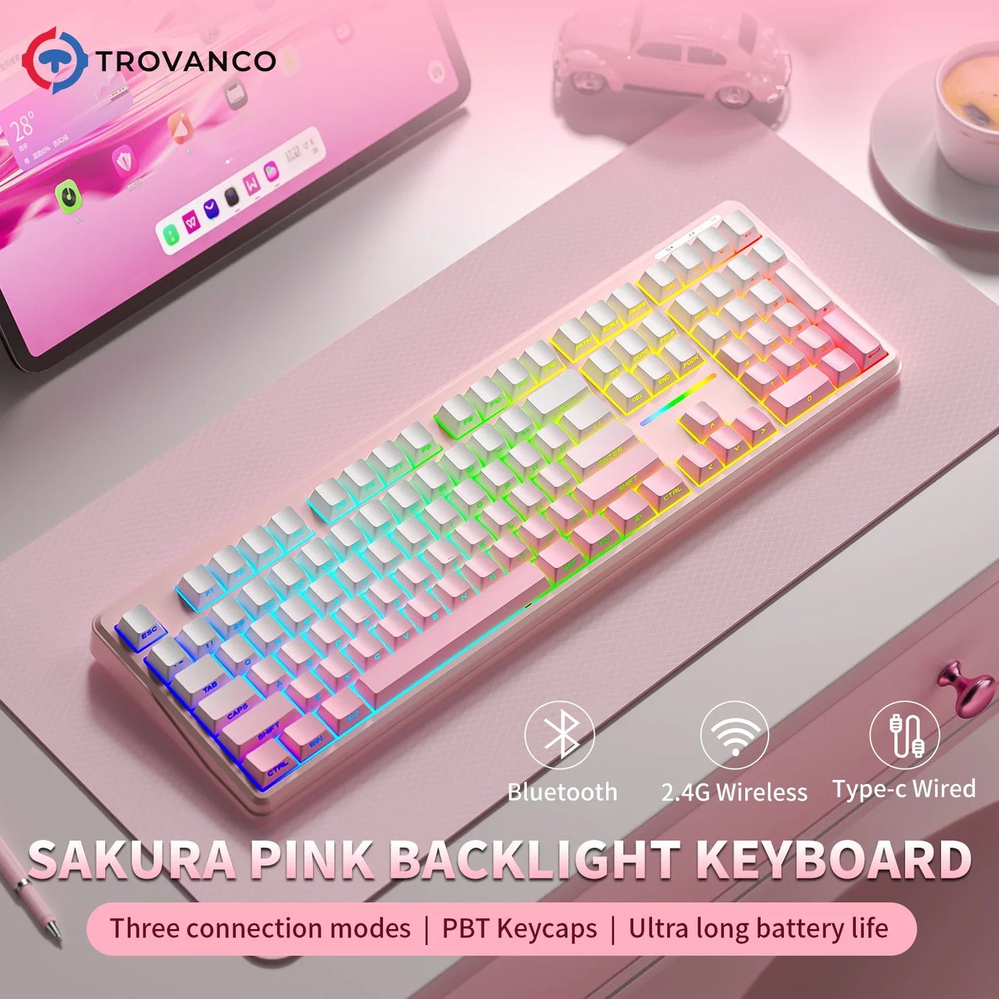 V108 Bluetooth Keyboard  Office Low Noise 2.4G Wired&Wireless Full Layout with RGB Backlit Membrane
