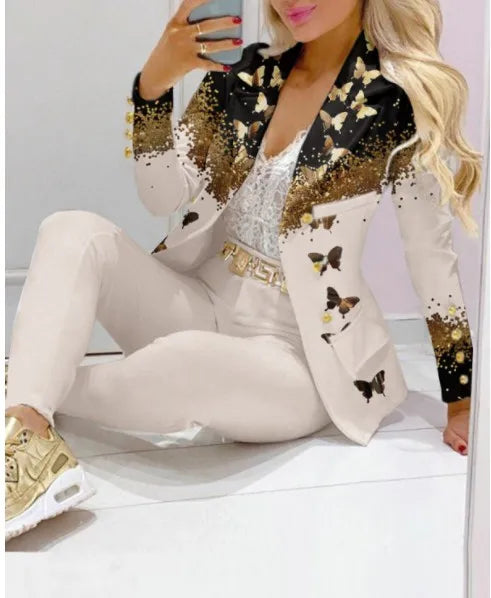 Casual Stripe Print Suit Coat Pants Set Office Lady Fashion Elegant Long Sleeve Top Trousers Two Piece Set Women Outfit 2023