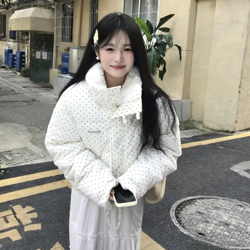 Women's Kawaii Polka Dot Down Cotton Jacket Korean Button Patchwork Corduroy Short Parkas Y2K Stand Collar Puffer Warm Jacket
