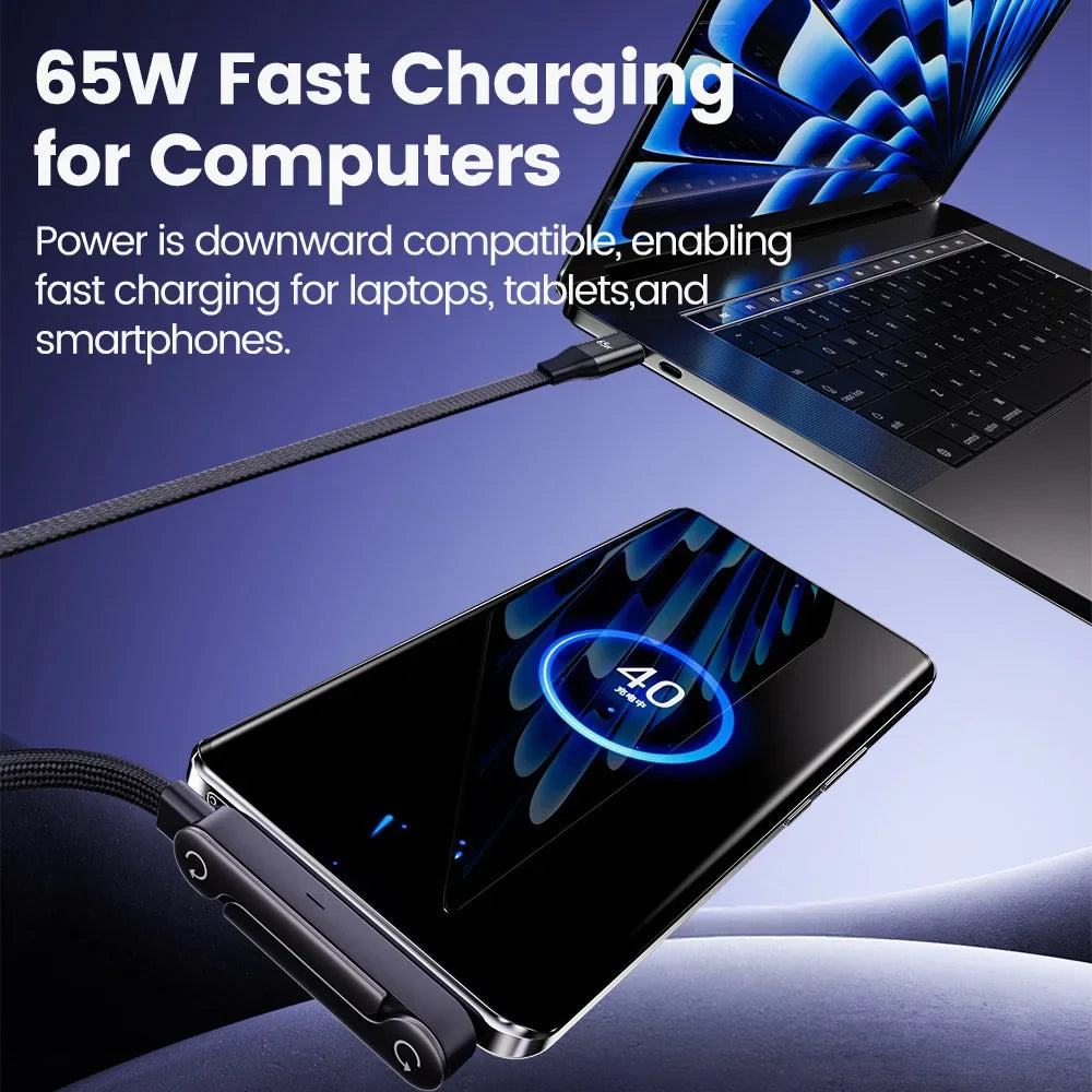 65W USB A To USB Type C Cable Quick Charge Phone Charger Cable Built In Foldable Stand Data Wire 2 in 1 USB C Charging Line