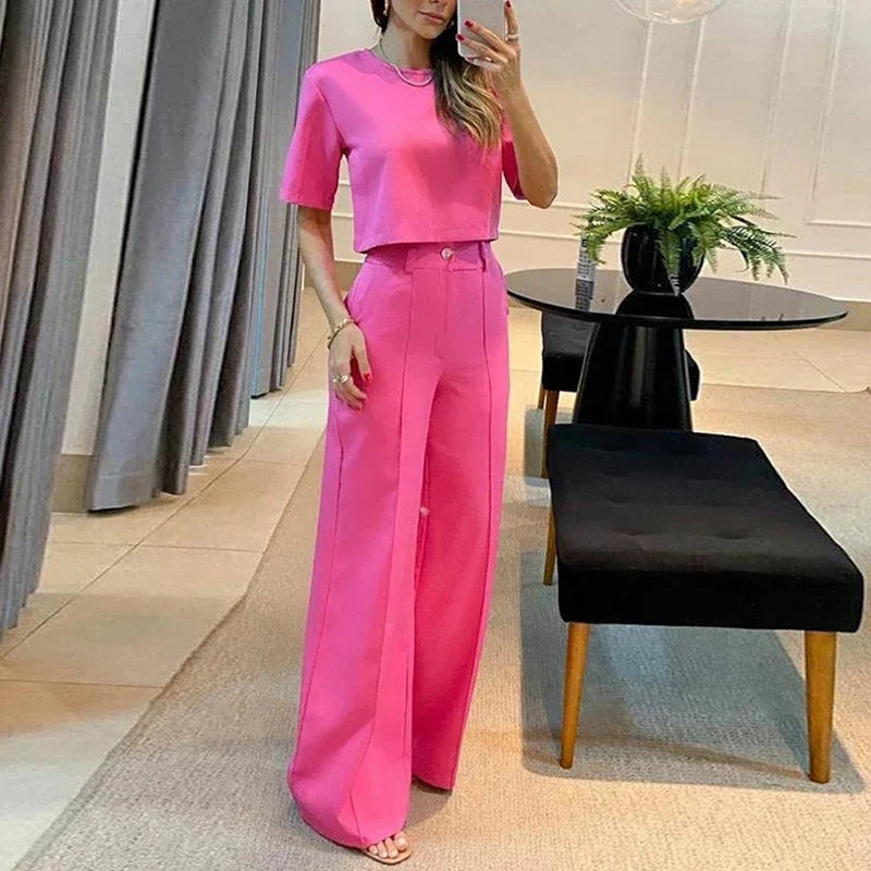 Fashion Office Lady Two Piece Sets O Neck Short Sleeve Short Shirt High Waist Straight Pants Suit Female Summer Outfits