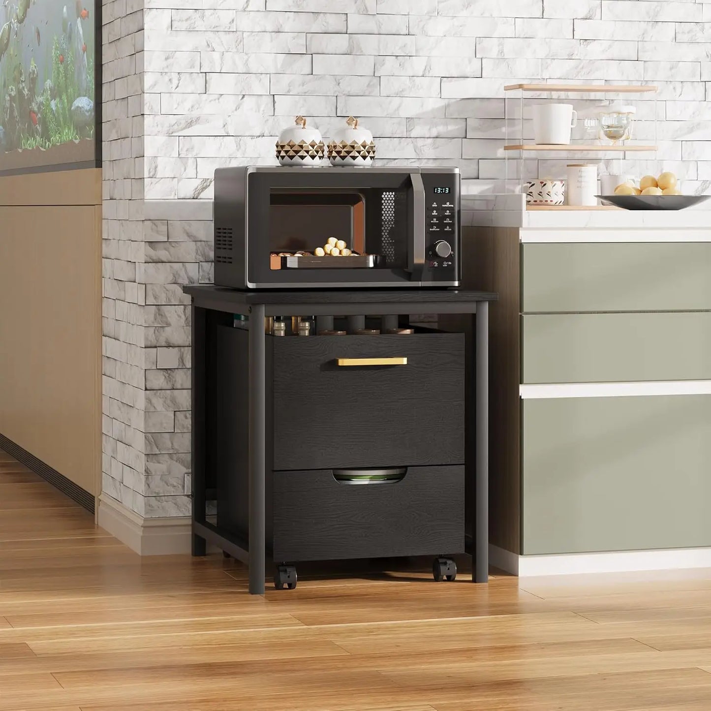 Mini Fridge Stand Freestanding Cabinet With Lockable Wheels