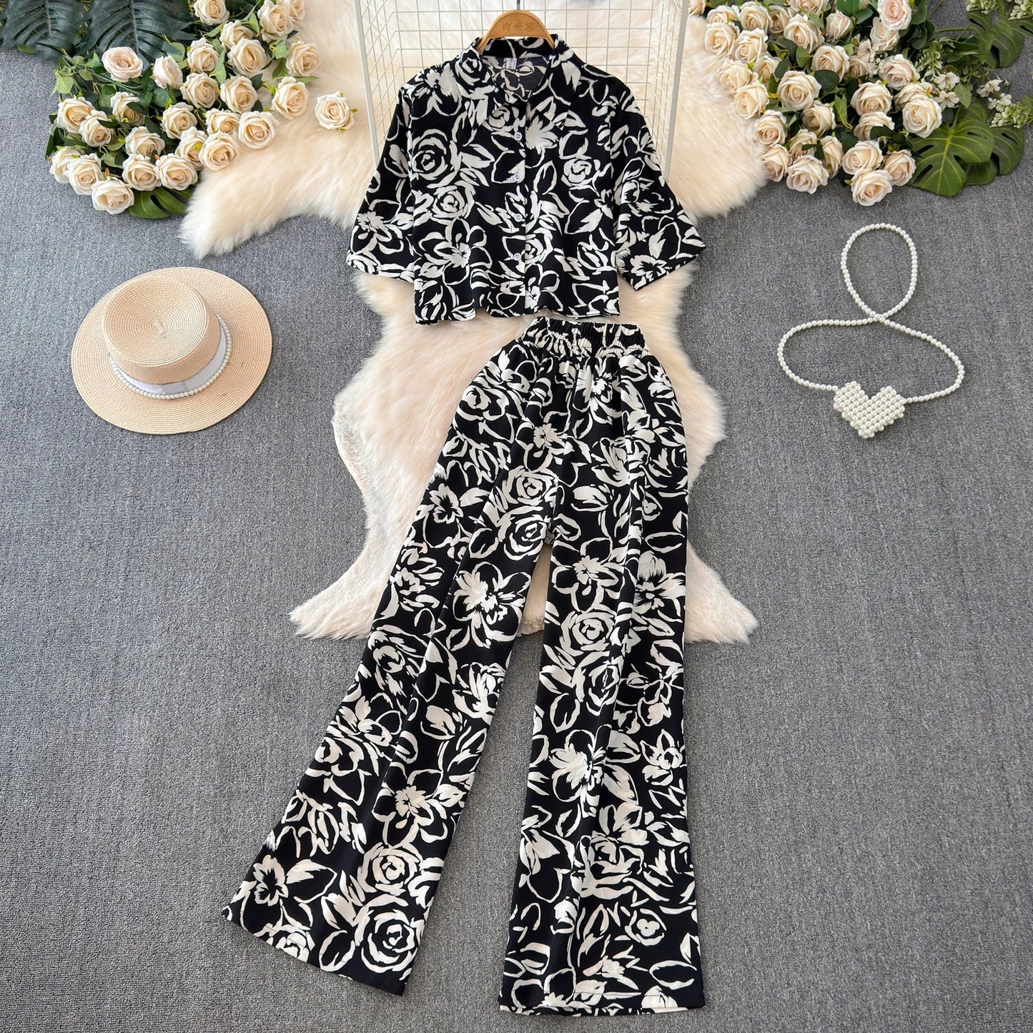 Beach Style Fashion Printed Women Pant Sets 2pcs Short Chiffon Shirts+Wide Leg Pants 2025 New Summer Casual Loose Female Suits