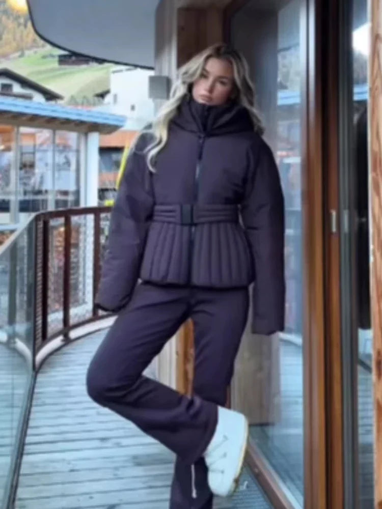 Belted Chic Hooded Cotton Coat Women Casual Full Sleeve Stand Collar Zipper Short Skiwear  Lady Winter Sport Puffer Jacket