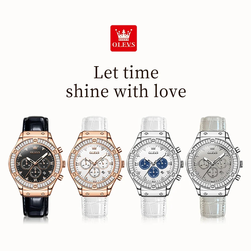 OLEVS 9978 Women Watch Original Quartz Watch Waterproof Leather Strap Multifunctional Chronograph Watch Bracelet Set Gifts Box