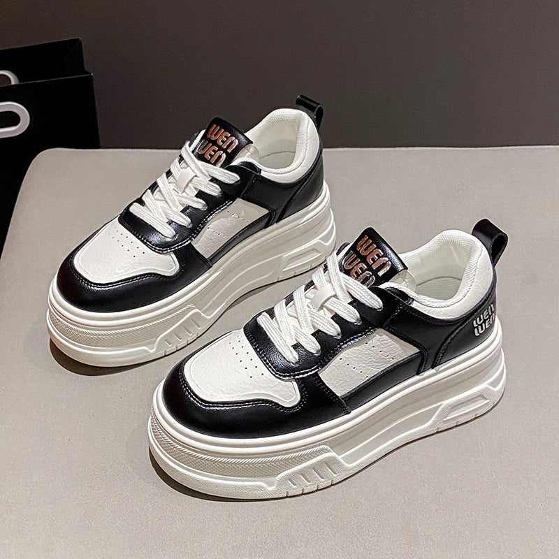 Pu Leather Thick Bottom Sneakers Women 2025 Breathable Platform Vulcanised Shoes Woman Womens All Match Lace Up Casual Sneakers