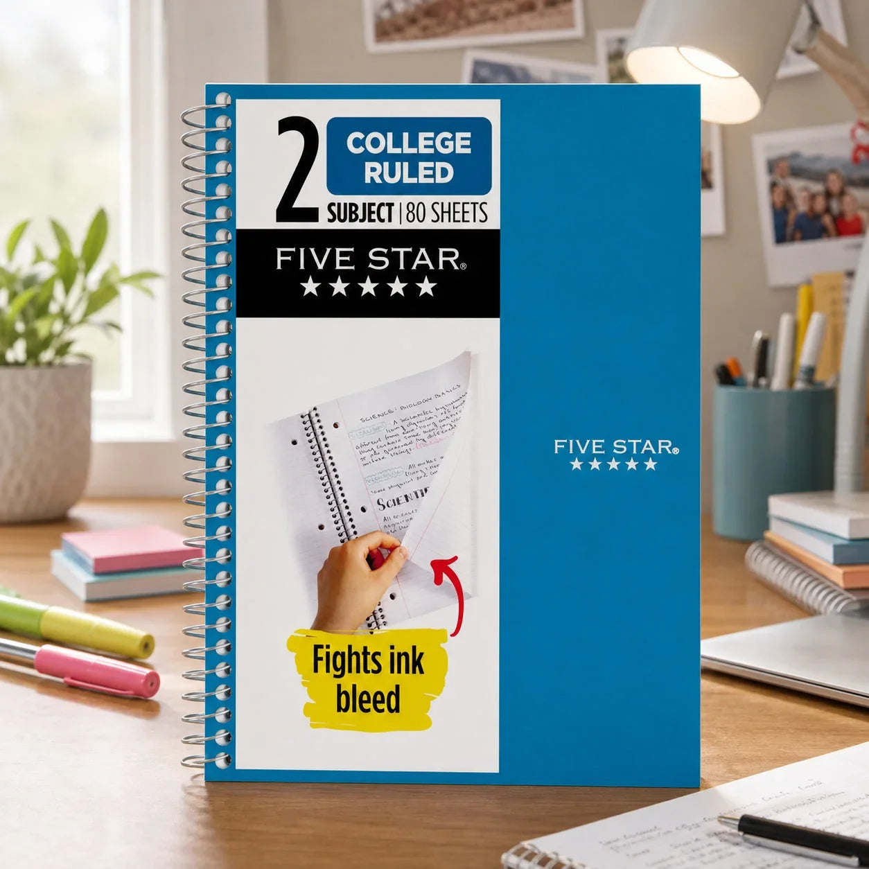 1pcs College Ruled Spiral Notebook With Pocket, Wire Bound, Acid-Free Paper, Perforated Sheets, Water-Resistant Cover, Ink Bleed