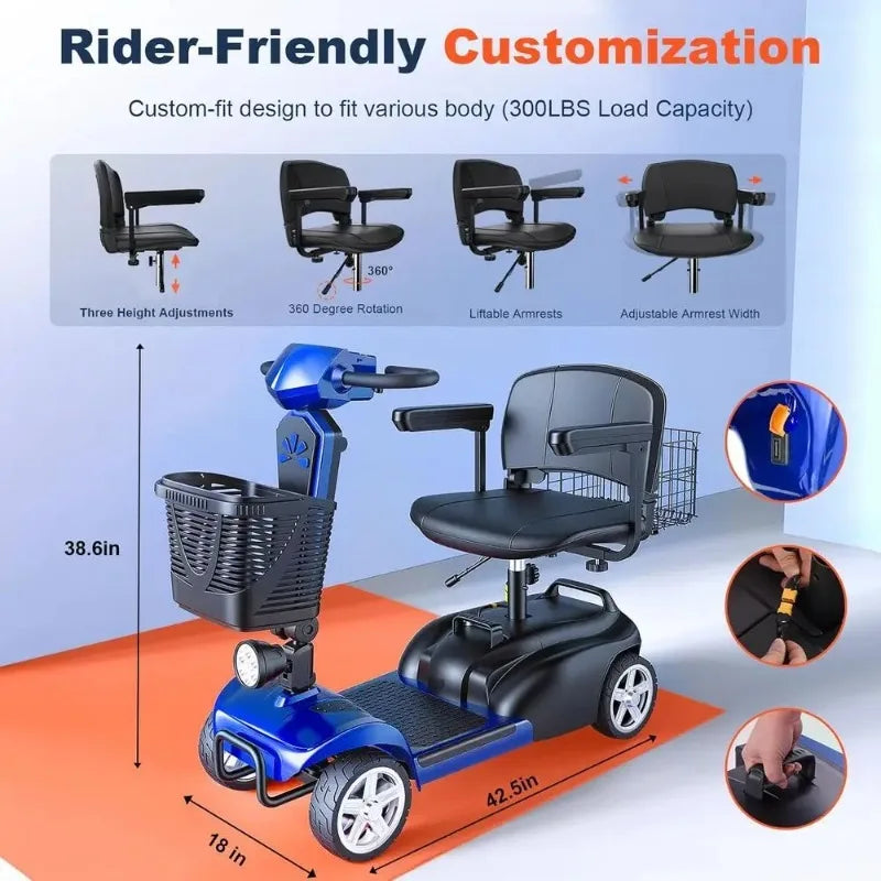 4-Wheel Electric Scooter with Dual Baskets, 350W Motor, Rotating Seat, USB Port,300Lbs, Customized