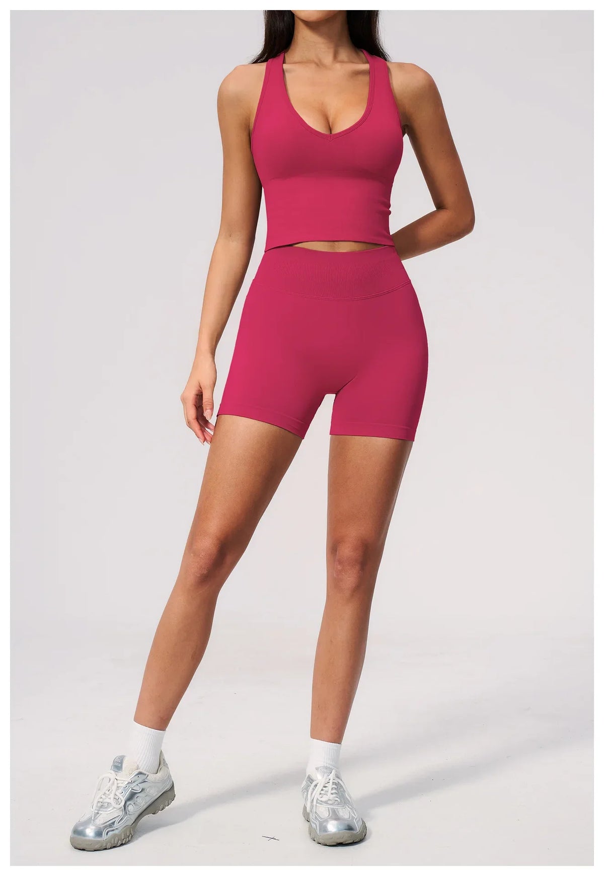 Seamless Yoga Sets Women Breathable V Neck Shockproof Sports Vest Fitness Suit Outwear High Waist Shorts Training Fitness Suit