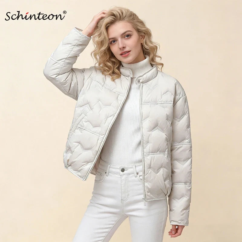 Schinteon Women White Duck Down Lightweight Puffer Quilted Jacket Stand Collar Fashion Autumn Winter Short Coat 2026 New