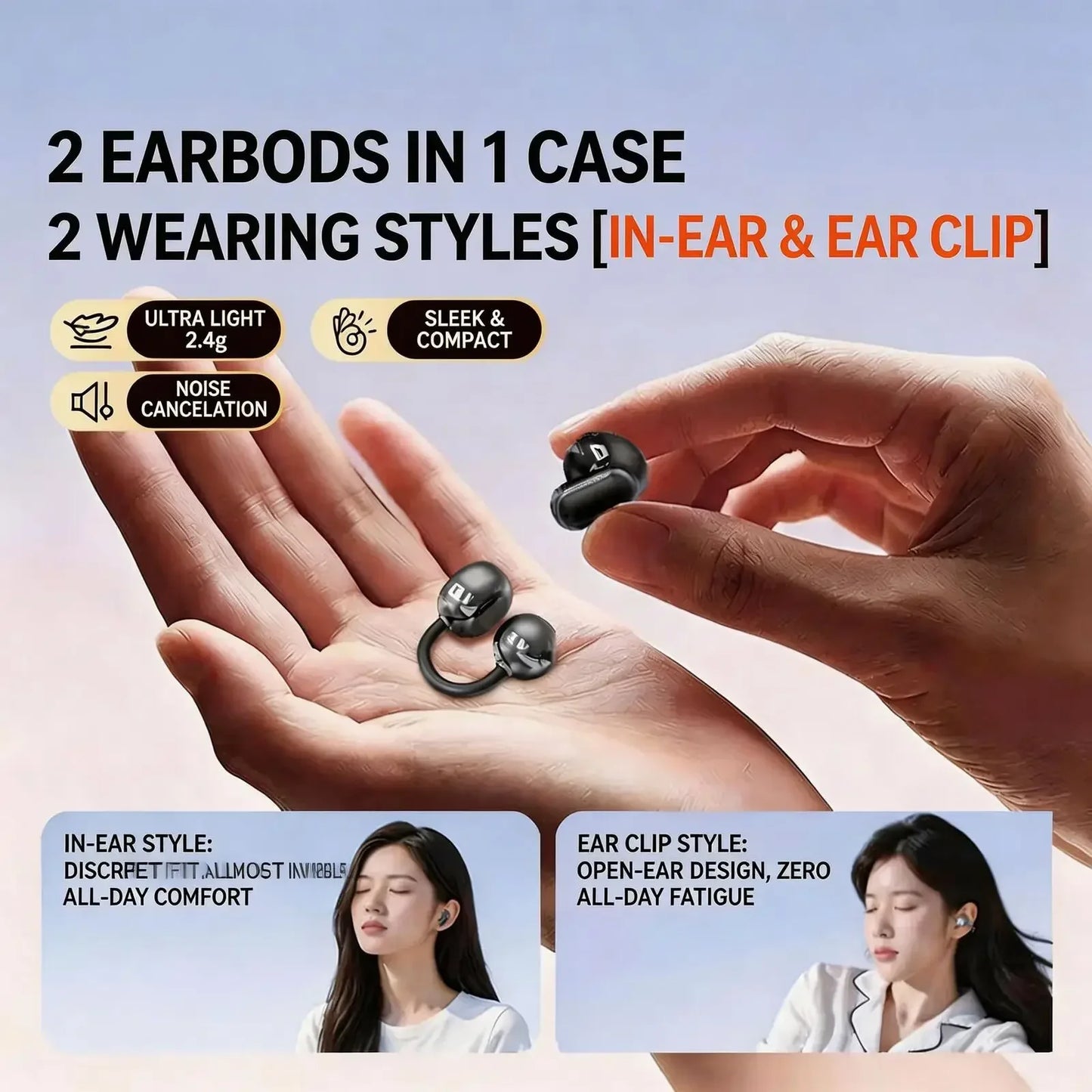 2026 New Bluetooth 6.0 Ear-Clip Headphones 4 Earbuds In-Ear & Open Ear Design 2.6g Ultra-Light Audífonos with AI Noise Reduction