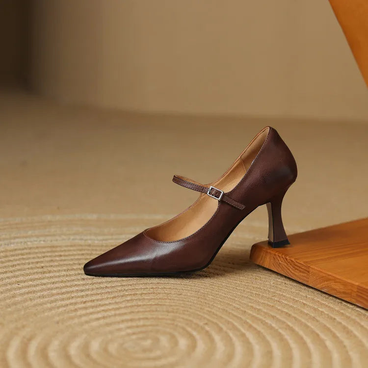 NEW Spring/Autumn Women Pumps Genuine Leather Shoes for Women Pointed Toe Thin Heel Shoes Shallow Buckle Strap Mary Janes Shoes