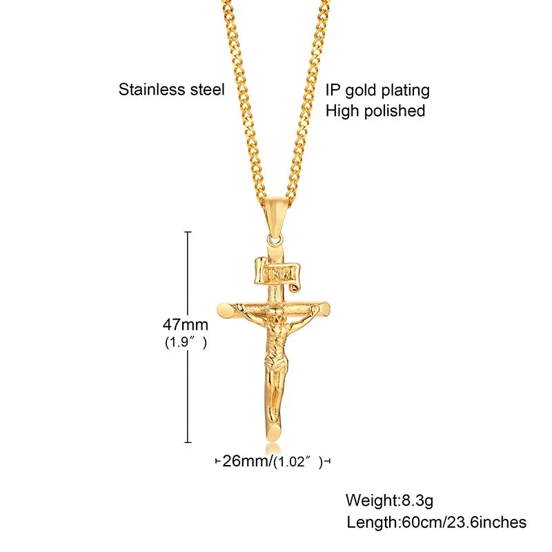 Stainless Steel Cross Necklace Catholicism Jesus Pendant Gold Color Collar Church Prayer Faith Jewelry for Men Women Gift