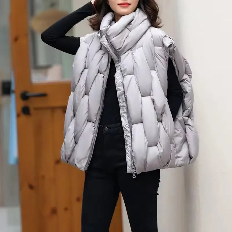 Women Thick Cotton Vest Women Square Weave High Collar Warm Waistcoat Casual  Warm Puffer Bubble Sleeveless Jacket