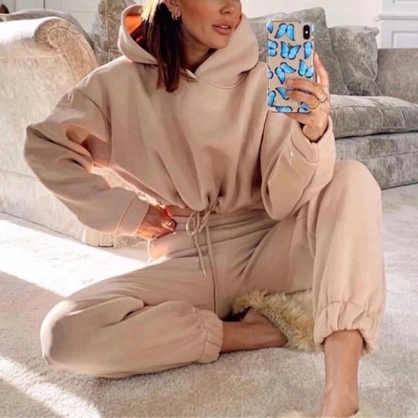 Winter Tracksuit Women Two Piece Set - Oversized Hoodie Sweatpants Solid Color Sportswear Suit |Casual Sweatshirt Trouser Set