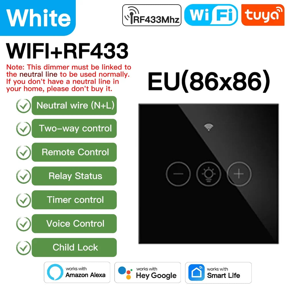 TNCE Tuya Dimmer wifi rf433 EU/US, Neutral wire Light Wall Switch remote Controllor, Smart Life APP, Voice for Google Home Alexa