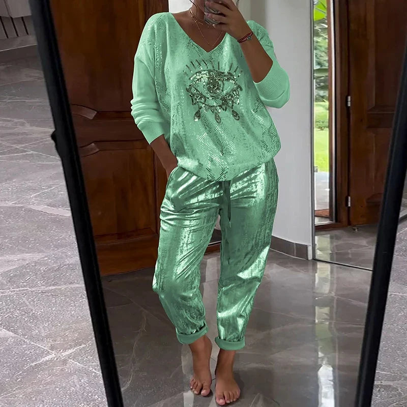 Women's Gold Shining Eye 2 Piece Set Long-Sleeved Top V-Neck Pullover Bronzing Pants Outfit Lace-up Loose Suit Spring Summer