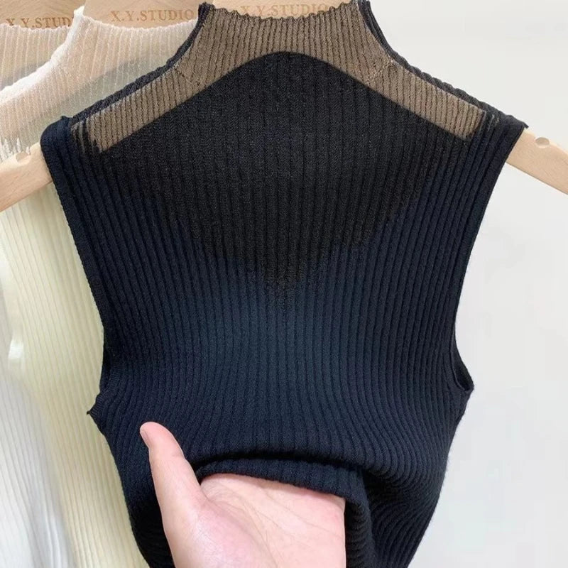 Mesh Knitted Top Women Y2K Tank Top Half Neck Vest Female Sleeveless Sweater Chic Cut Out Streetwear Solid Skinny Tube Top