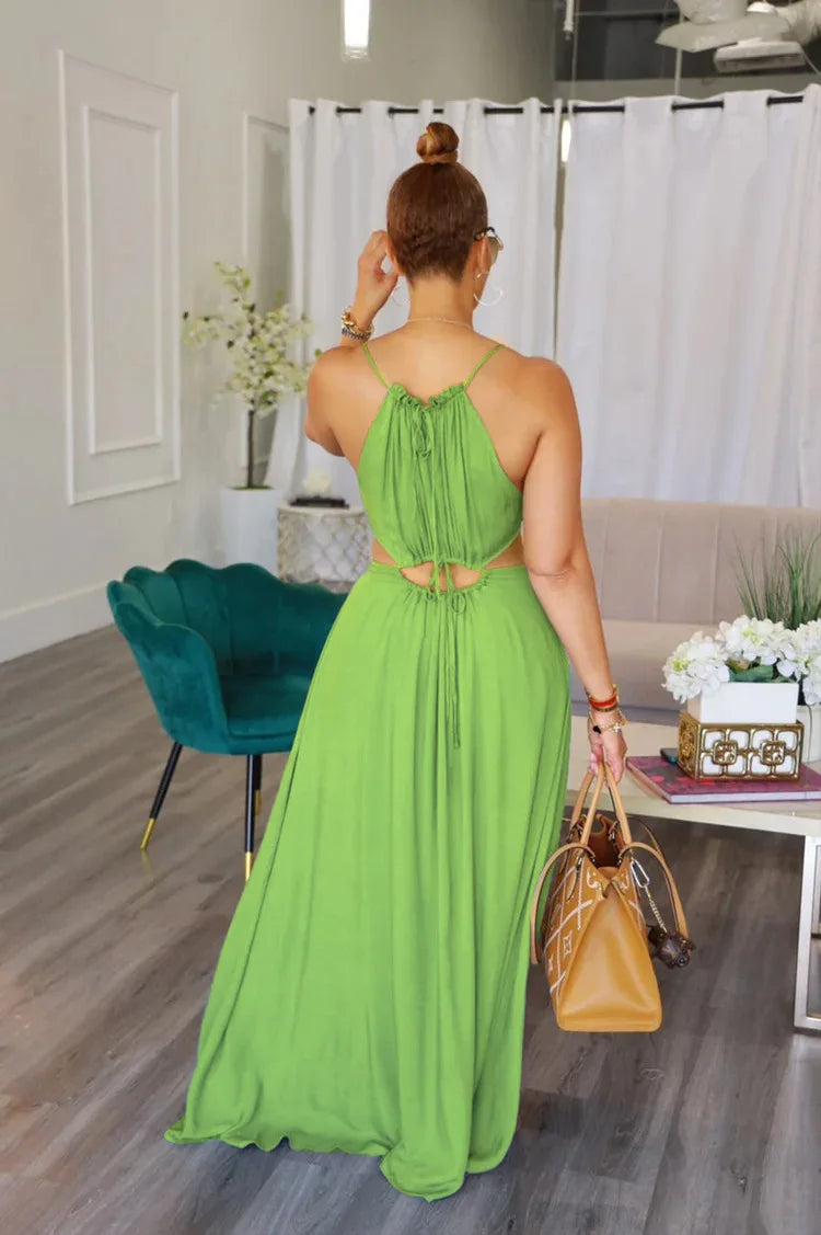 2025 Women's Dress Summer Holiday Solid Long Dresses Sexy Drawstring Lace Up Sleeveless Vestidos Para Mujer Club Party Outfits