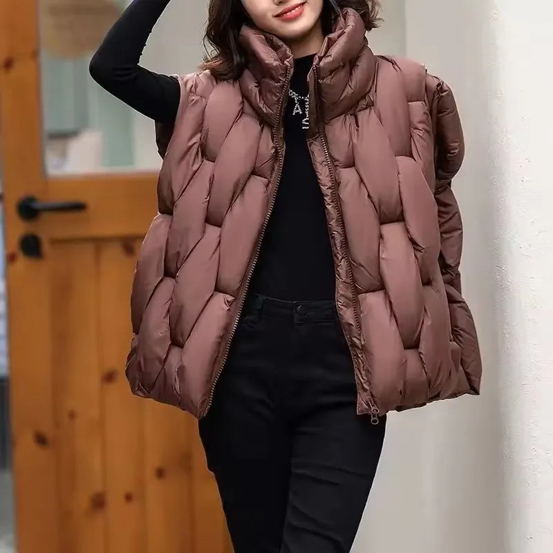 Women Thick Cotton Vest Women Square Weave High Collar Warm Waistcoat Casual  Warm Puffer Bubble Sleeveless Jacket