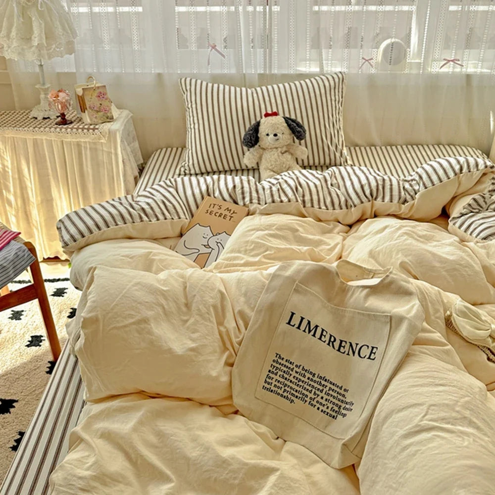Ins Style Stripes Bedding Duvet Cover Set with Pillowcase bed sheet Full Size Bed Linen Quilt Cover Set Queen/King Double Single