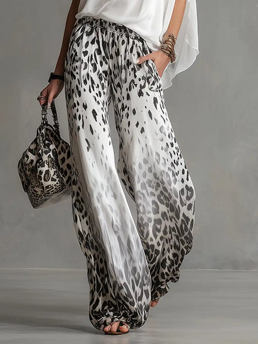 Summer Chiffon Outfits Female Matching Two Piece Set for Women White Bating Sleeve Top & Leopard Print Wide Leg Pant Streetwear