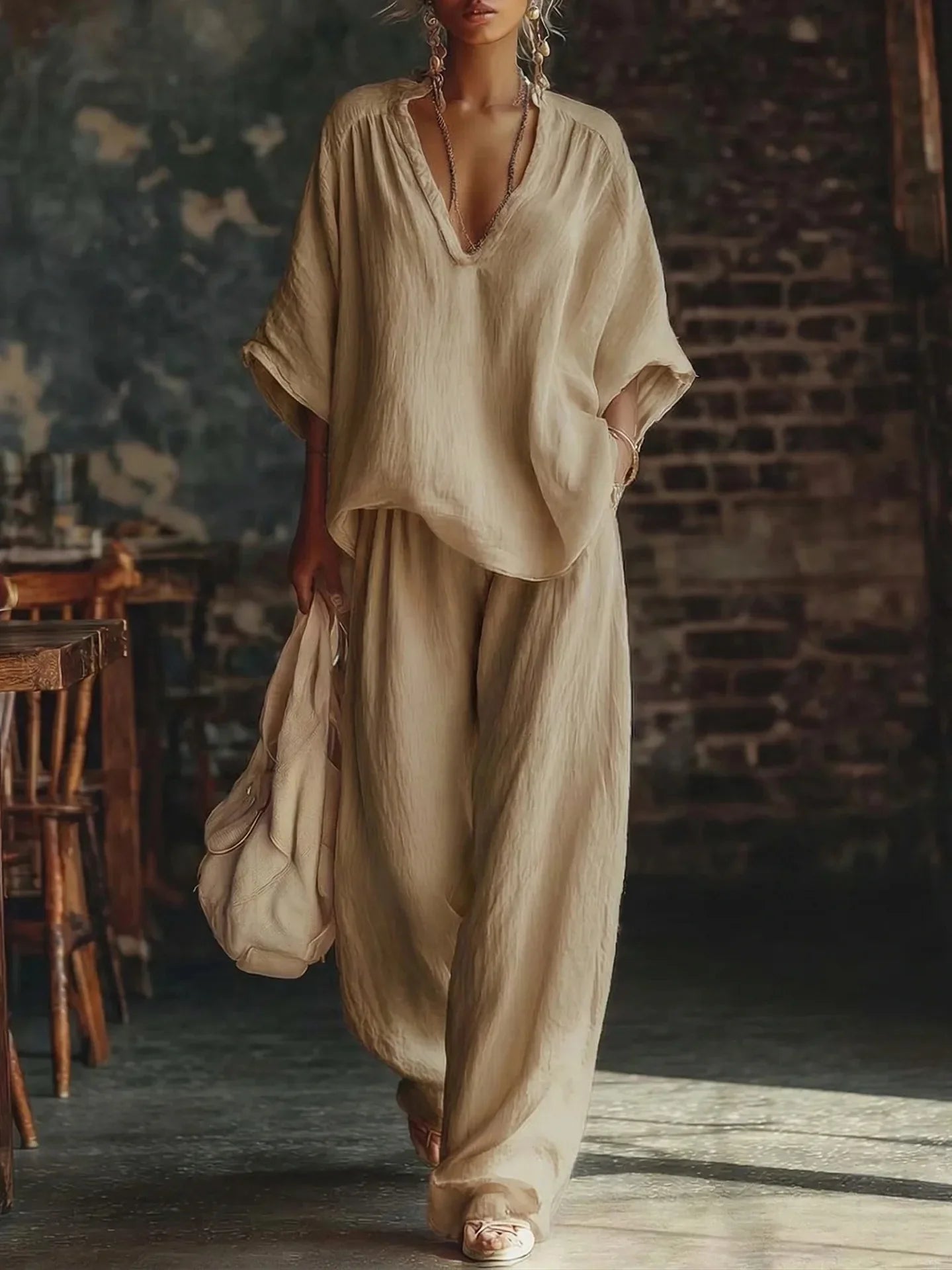 Fashion V Neck Short Sleeve Top Suit Women's Set Spring Summer Loose Blouse Top Wide Leg Trousers Female Vacation 2 Piece Set